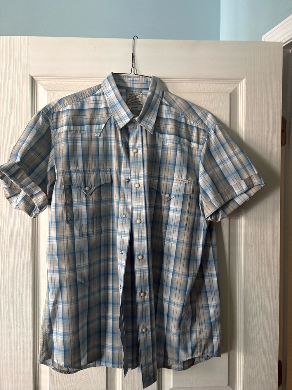 Lucky Brand Light Blue and White Plaid Short-Sleeve Button-Down Shirt Large